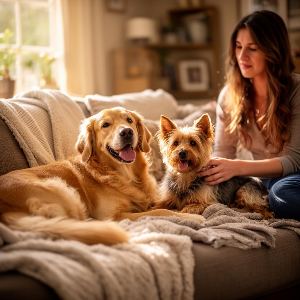 Happy dogs relaxing in a cozy home